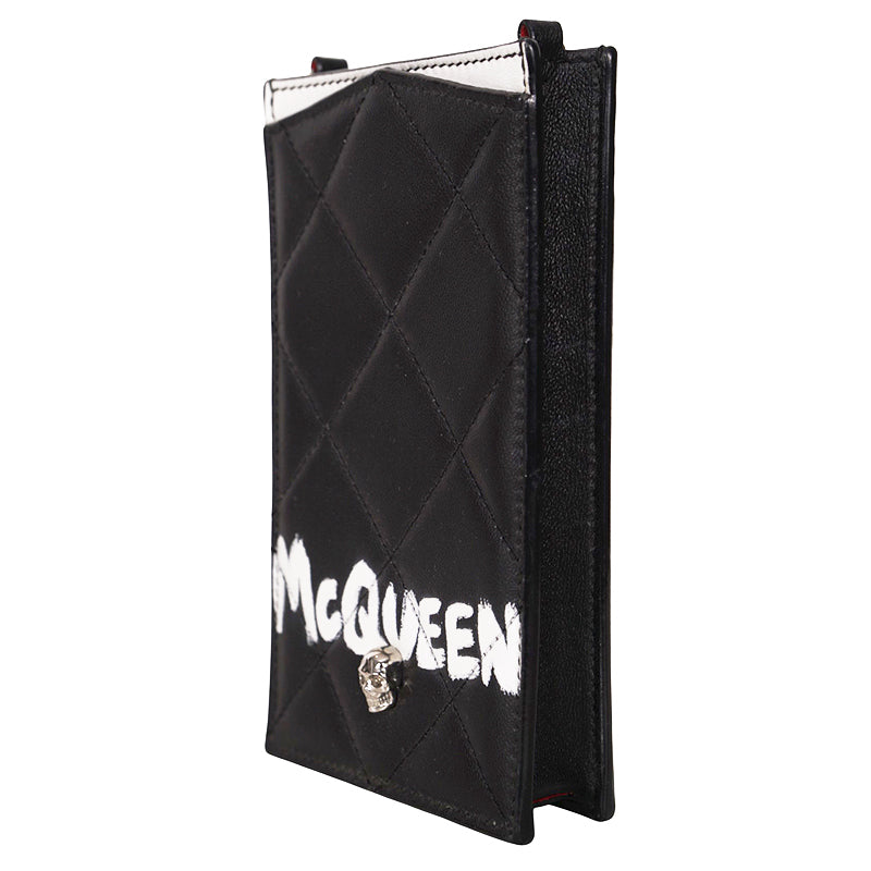 NEW $720 ALEXANDER MCQUEEN Black MINI SKULL GRAFFITI LOGO Leather PHONE CASE BAG