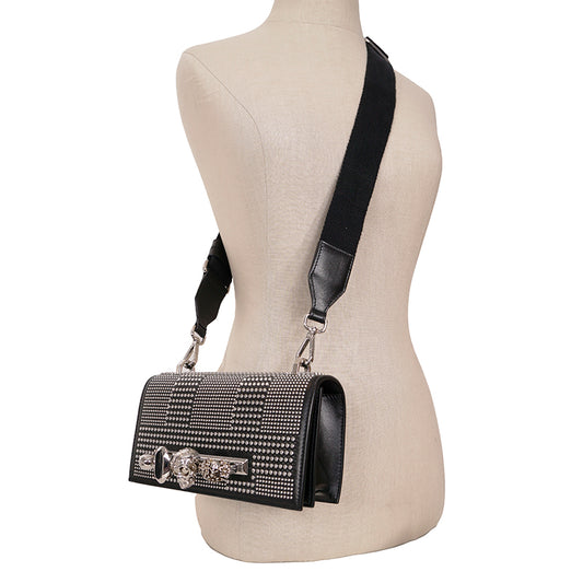 NEW $2,690 ALEXANDER MCQUEEN Black SKULL KNUCKLE Studded Leather Cross-body BAG
