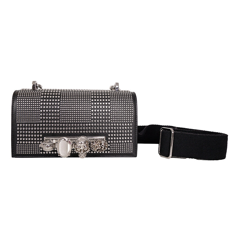 NEW $2,690 ALEXANDER MCQUEEN Black SKULL KNUCKLE Studded Leather Cross-body BAG