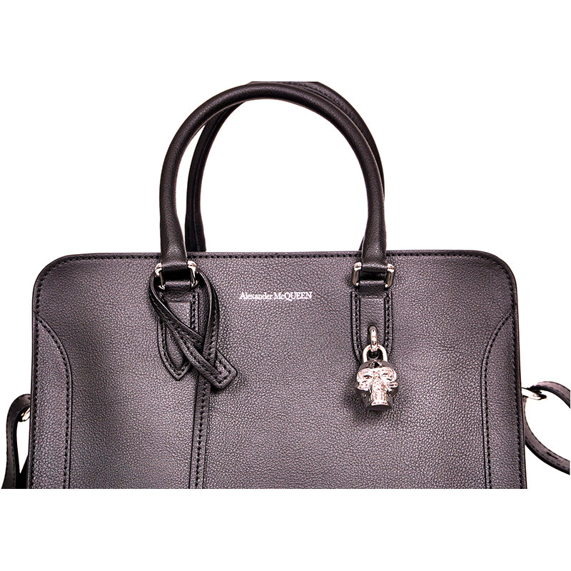 NEW $1490 ALEXANDER MCQUEEN Black Leather PADLOCK SKULL Leather 2-WAY BAG NIB