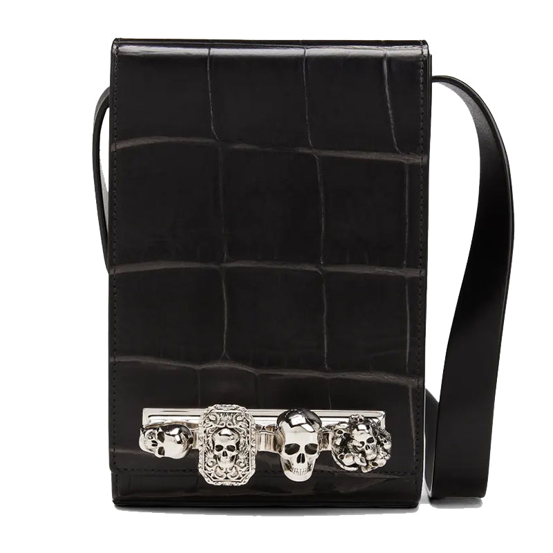 NEW $1,790 ALEXANDER MCQUEEN Black Leather FOUR RING SKULL KNUCKLE Messenger BAG