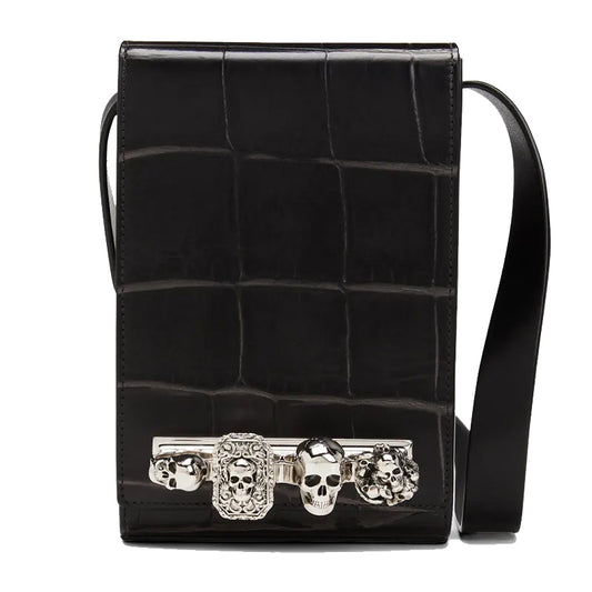 NEW $1,790 ALEXANDER MCQUEEN Black Leather FOUR RING SKULL KNUCKLE Messenger BAG