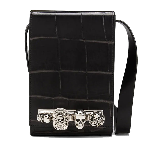 NEW $1,790 ALEXANDER MCQUEEN Black Leather FOUR RING SKULL KNUCKLE Messenger BAG