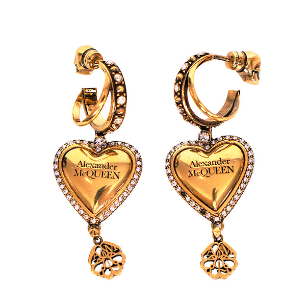 NEW $650 ALEXANDER MCQUEEN Gold Brass Crystal LOGO HEART HOOP SKULL EARRINGS