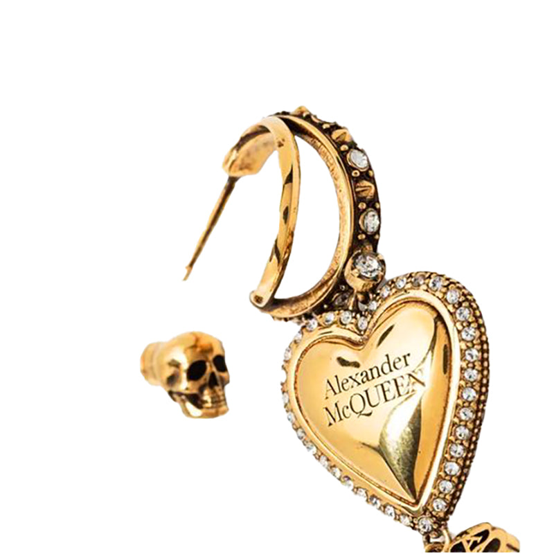 NEW $650 ALEXANDER MCQUEEN Gold Brass Crystal LOGO HEART HOOP SKULL EARRINGS