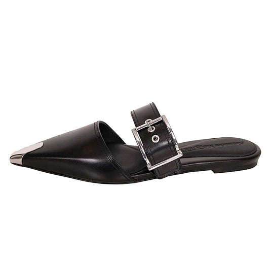 37.5 NEW $1050 ALEXANDER MCQUEEN Black Leather METAL POINT TOE SlipOn Mule FLATS