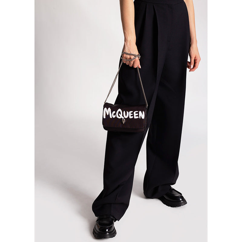 NEW $890 ALEXANDER MCQUEEN Black Nylon CRYSTAL SKULL WHITE GRAFFITI LOGO BAG NWT