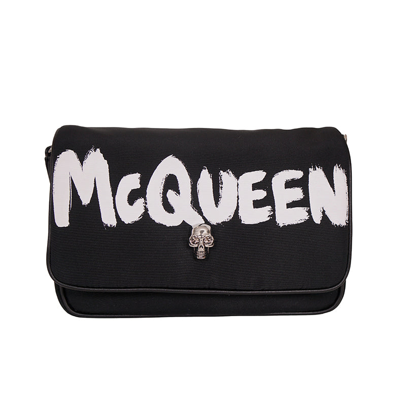 NEW $890 ALEXANDER MCQUEEN Black Nylon CRYSTAL SKULL WHITE GRAFFITI LOGO BAG NWT