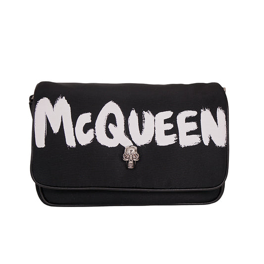 NEW $890 ALEXANDER MCQUEEN Black Nylon CRYSTAL SKULL WHITE GRAFFITI LOGO BAG NWT