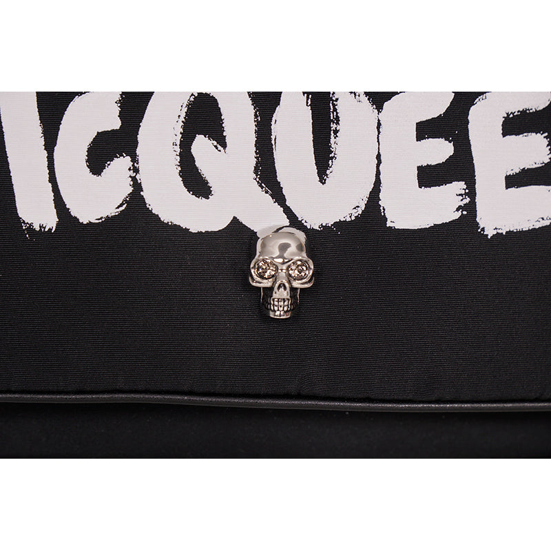 NEW $890 ALEXANDER MCQUEEN Black Nylon CRYSTAL SKULL WHITE GRAFFITI LOGO BAG NWT