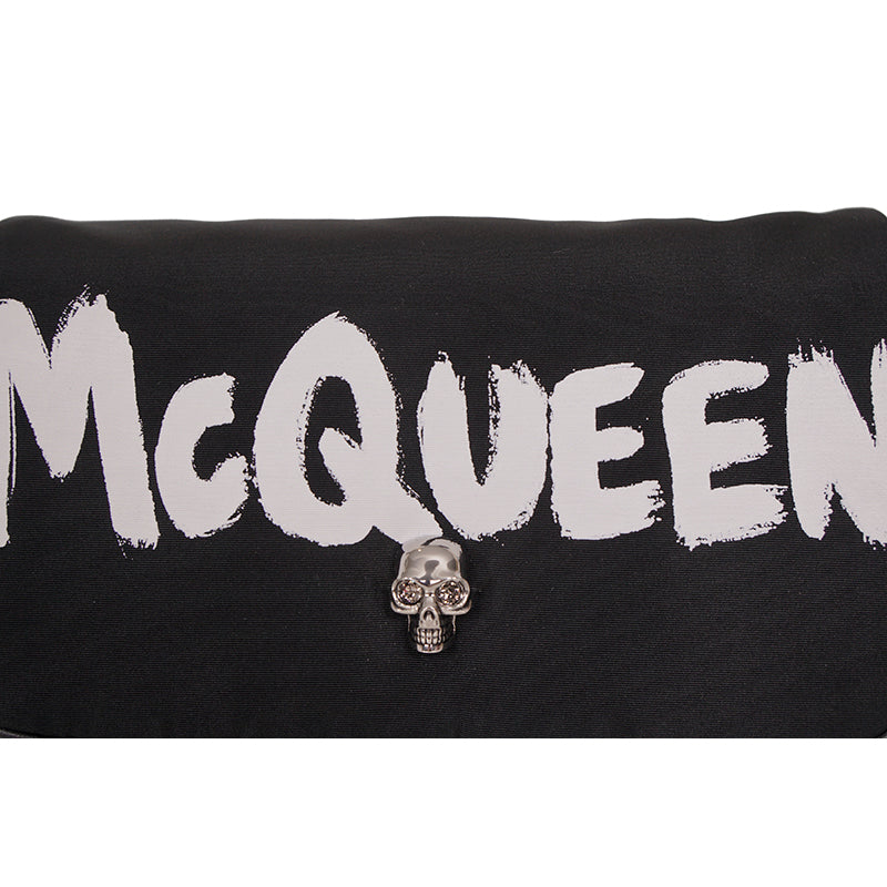 NEW $890 ALEXANDER MCQUEEN Black Nylon CRYSTAL SKULL WHITE GRAFFITI LOGO BAG NWT
