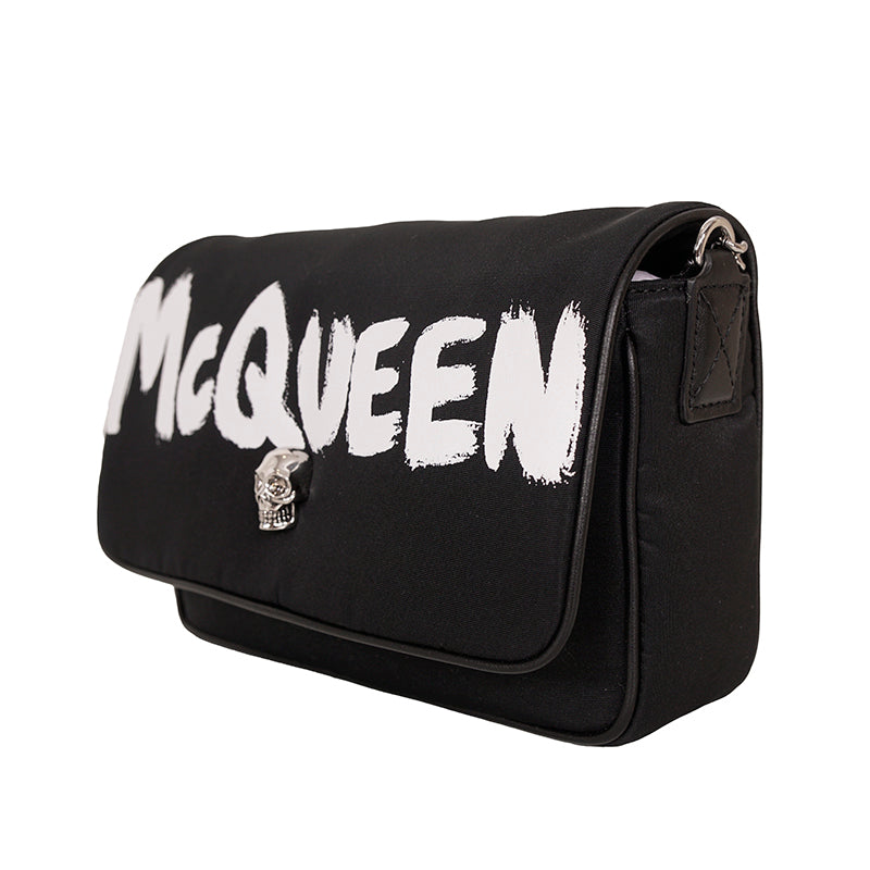 NEW $890 ALEXANDER MCQUEEN Black Nylon CRYSTAL SKULL WHITE GRAFFITI LOGO BAG NWT