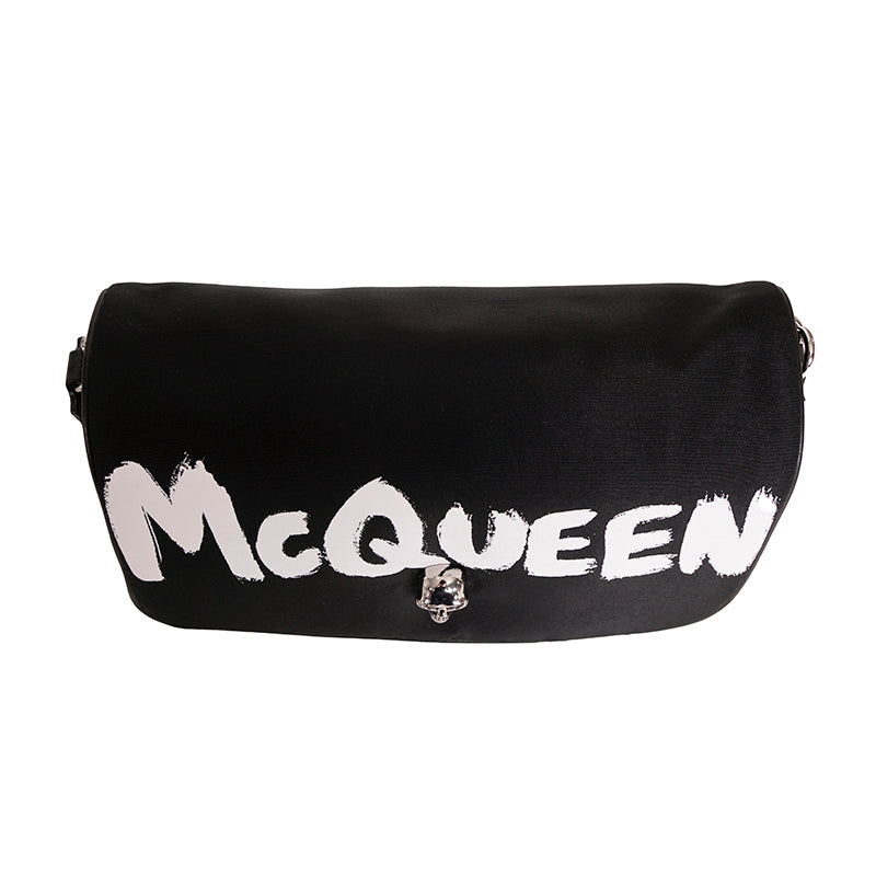 NEW $890 ALEXANDER MCQUEEN Black Nylon CRYSTAL SKULL WHITE GRAFFITI LOGO BAG NWT