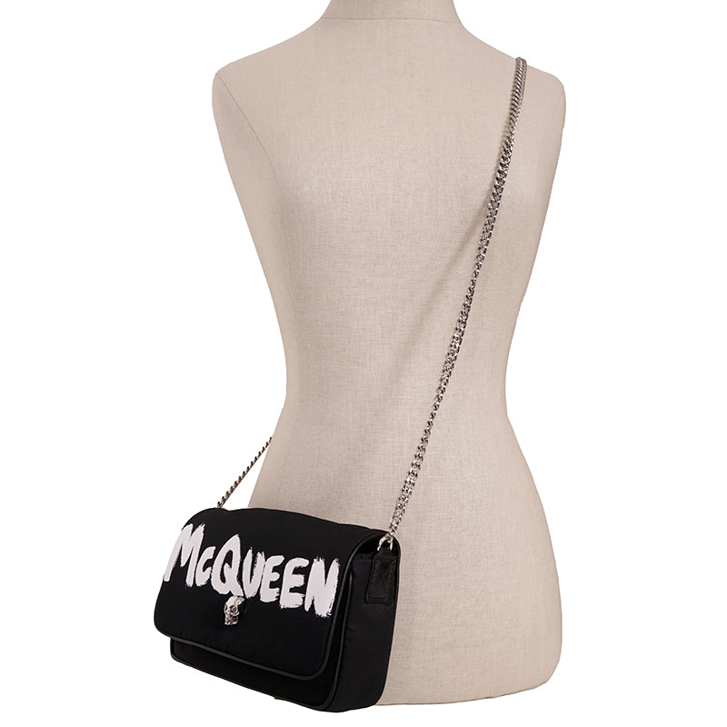 NEW $890 ALEXANDER MCQUEEN Black Nylon CRYSTAL SKULL WHITE GRAFFITI LOGO BAG NWT