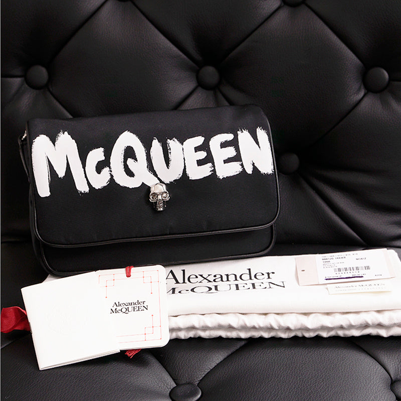NEW $890 ALEXANDER MCQUEEN Black Nylon CRYSTAL SKULL WHITE GRAFFITI LOGO BAG NWT