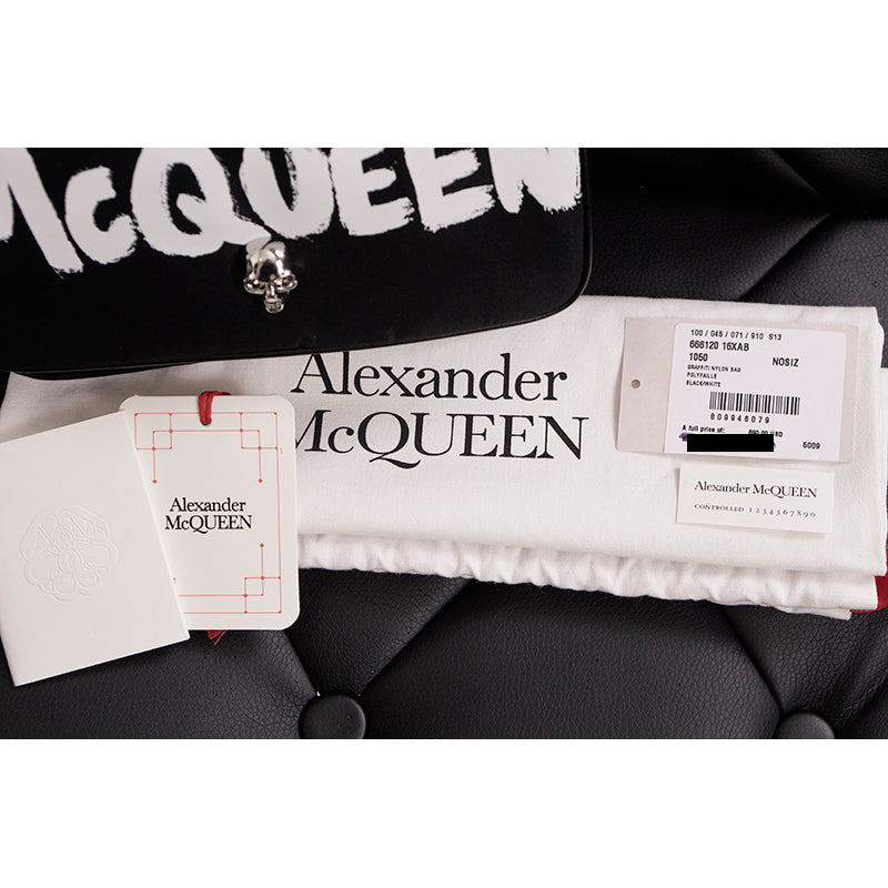 NEW $890 ALEXANDER MCQUEEN Black Nylon CRYSTAL SKULL WHITE GRAFFITI LOGO BAG NWT