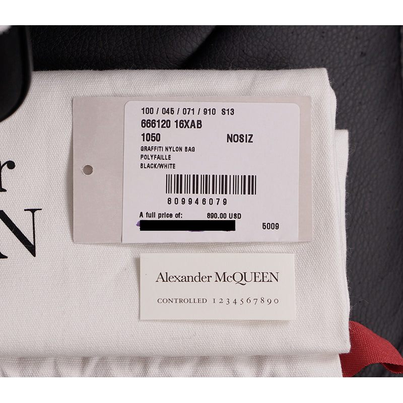 NEW $890 ALEXANDER MCQUEEN Black Nylon CRYSTAL SKULL WHITE GRAFFITI LOGO BAG NWT