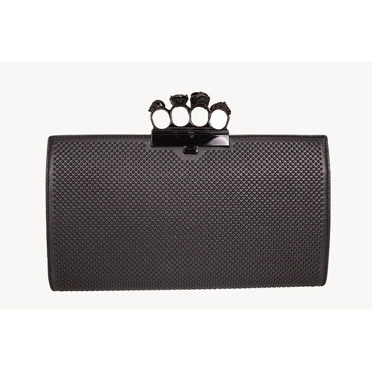 NEW $2390 ALEXANDER MCQUEEN Black MATTE STUDDED KNUCKLE 4 Ring SKULL CLUTCH BAG