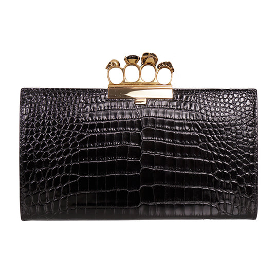 NEW $2190 ALEXANDER MCQUEEN Black Croc GOLD JEWELED KNUCKLE 4 Ring SKULL BAG NWT