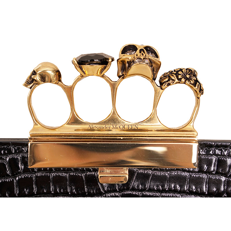 NEW $2190 ALEXANDER MCQUEEN Black Croc GOLD JEWELED KNUCKLE 4 Ring SKULL BAG NWT