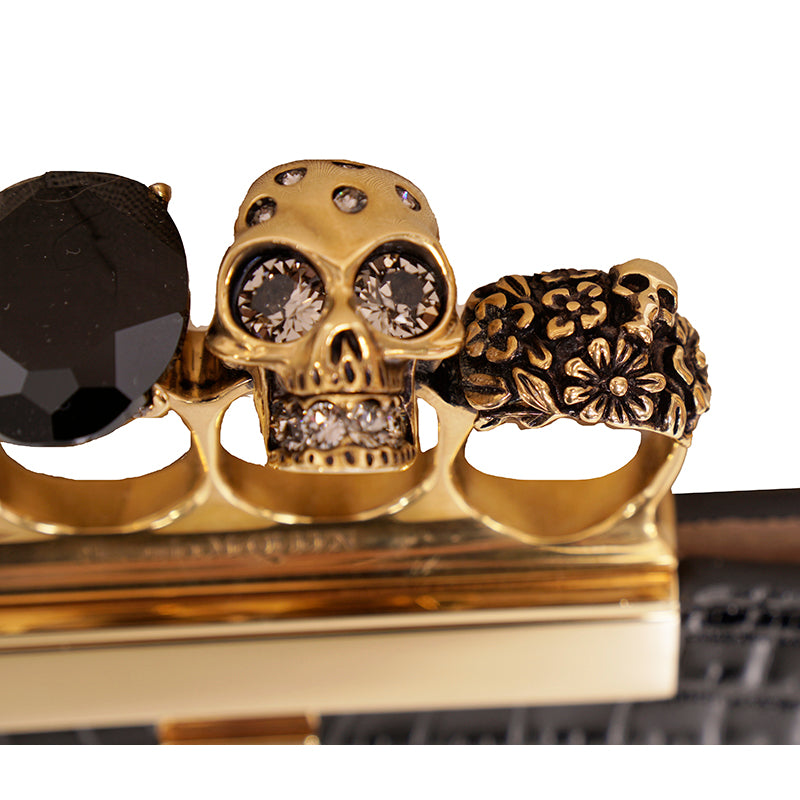 NEW $2190 ALEXANDER MCQUEEN Black Croc GOLD JEWELED KNUCKLE 4 Ring SKULL BAG NWT