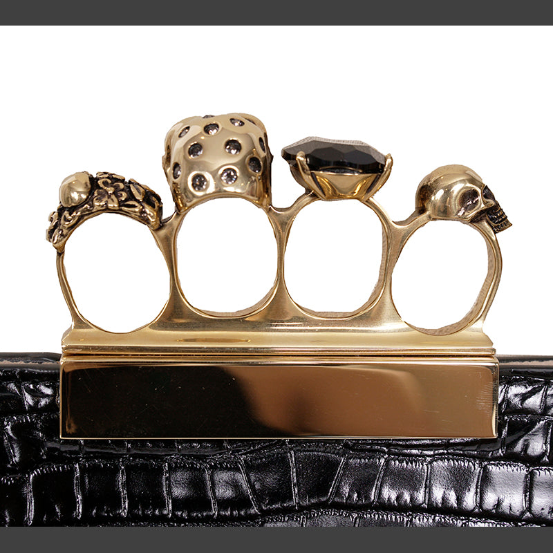 NEW $2190 ALEXANDER MCQUEEN Black Croc GOLD JEWELED KNUCKLE 4 Ring SKULL BAG NWT