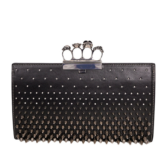 NEW $2990 ALEXANDER MCQUEEN Black SILVER SPIKE STUDDED KNUCKLE 4 Ring SKULL BAG