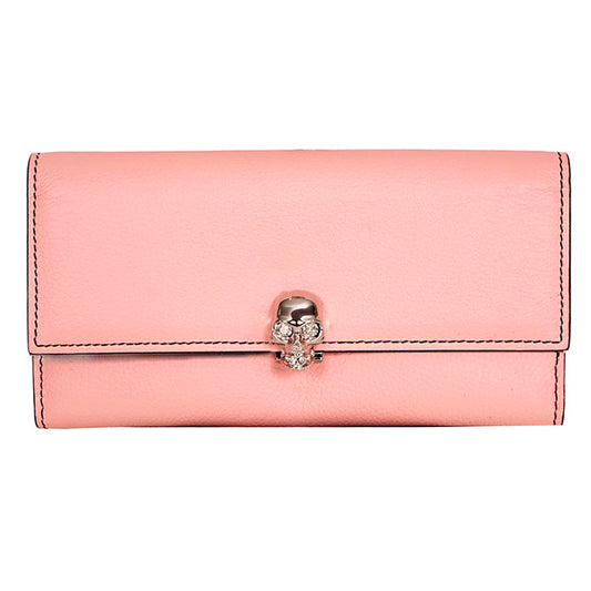 NEW $830 ALEXANDER MCQUEEN Pink Leather Silver SKULL Continental LONG WALLET NWT