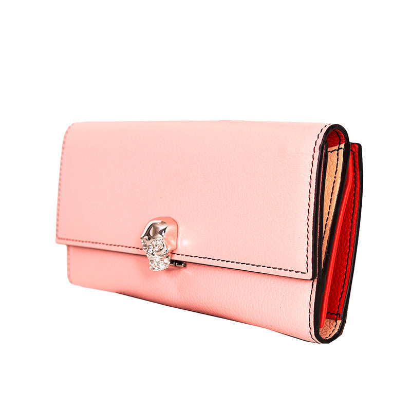 NEW $830 ALEXANDER MCQUEEN Pink Leather Silver SKULL Continental LONG WALLET NWT