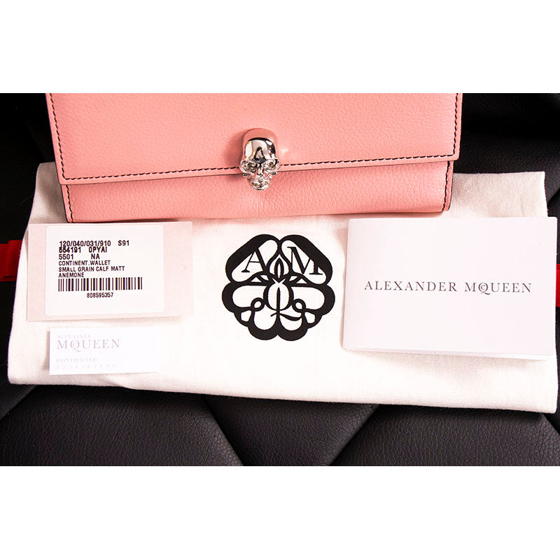 NEW $830 ALEXANDER MCQUEEN Pink Leather Silver SKULL Continental LONG WALLET NWT
