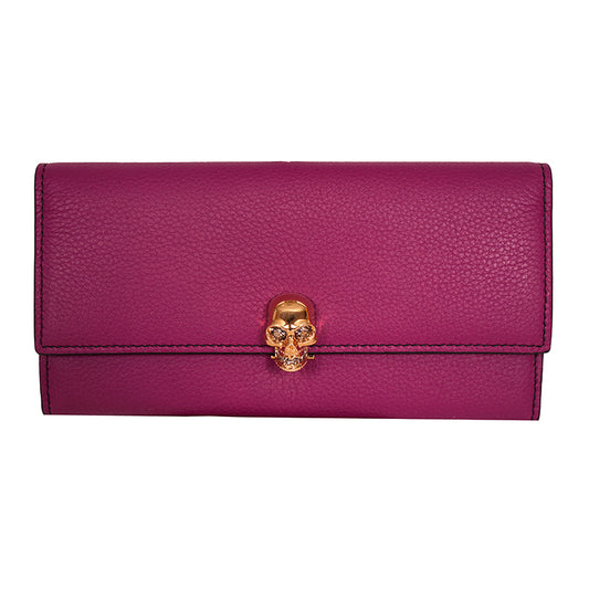 NEW $650 ALEXANDER MCQUEEN Dk Pink Leather Silver SKULL Continental LONG WALLET