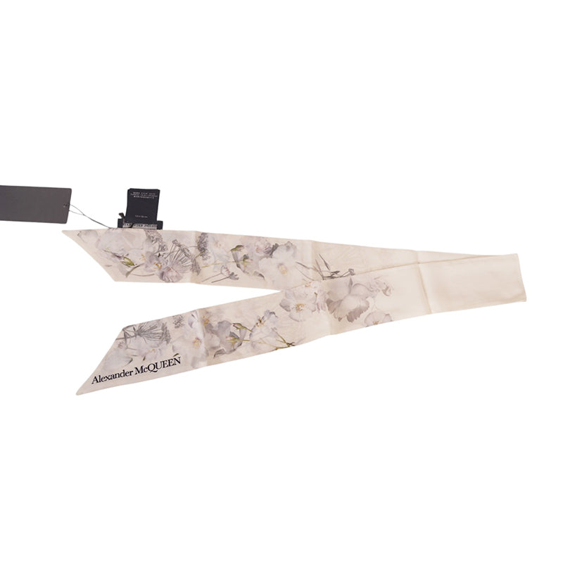 NEW $185 ALEXANDER MCQUEEN Ivory OPHELIA FLORAL PRINT Twill Slender NECK SCARF