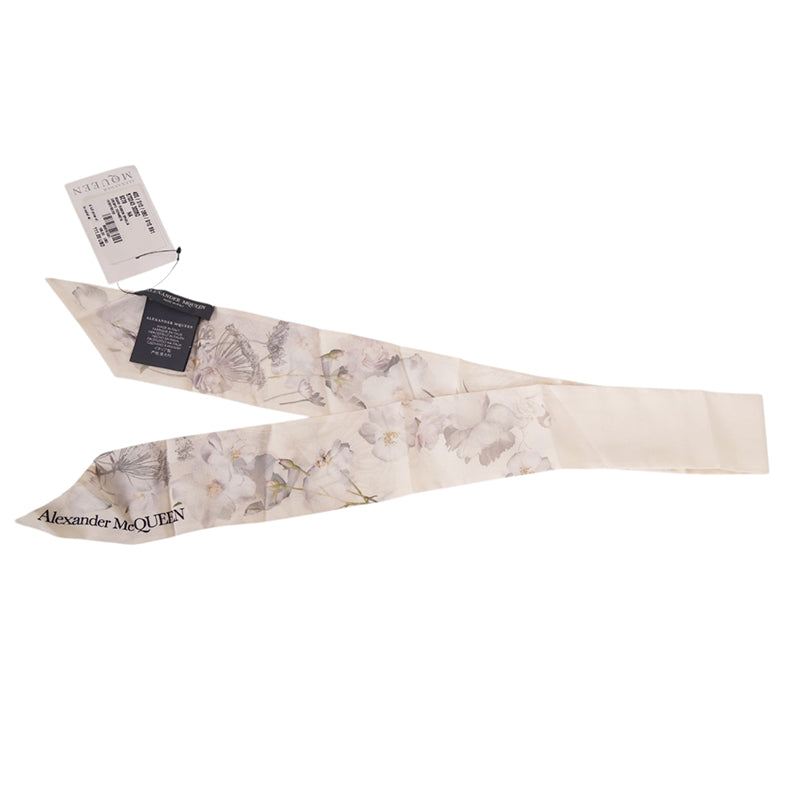 NEW $185 ALEXANDER MCQUEEN Ivory OPHELIA FLORAL PRINT Twill Slender NECK SCARF
