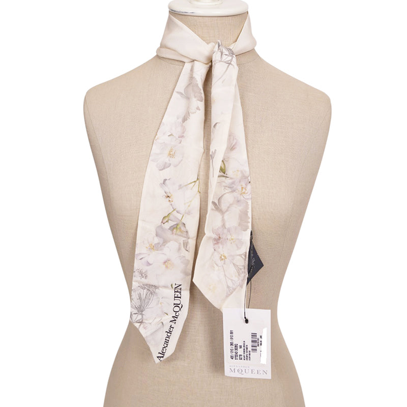 NEW $185 ALEXANDER MCQUEEN Ivory OPHELIA FLORAL PRINT Twill Slender NECK SCARF