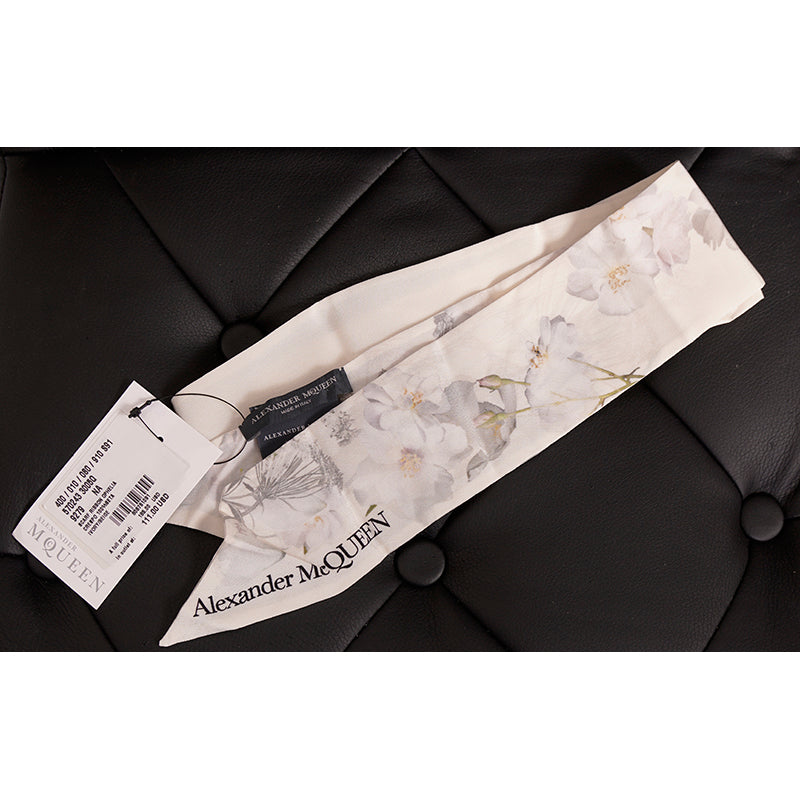 NEW $185 ALEXANDER MCQUEEN Ivory OPHELIA FLORAL PRINT Twill Slender NECK SCARF