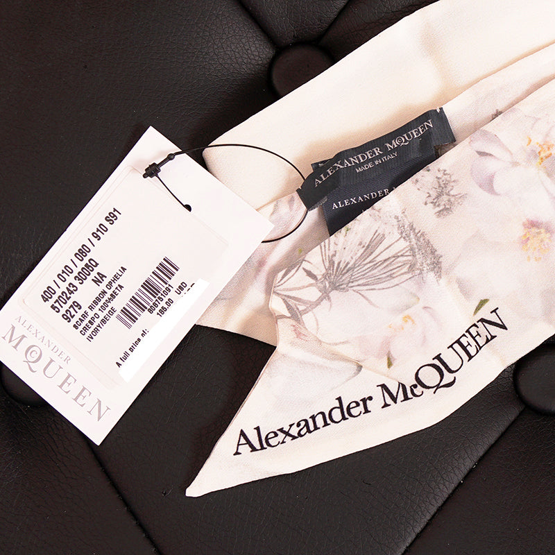 NEW $185 ALEXANDER MCQUEEN Ivory OPHELIA FLORAL PRINT Twill Slender NECK SCARF