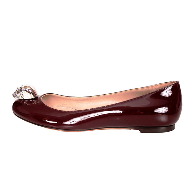 37 NEW $650 ALEXANDER MCQUEEN Wine Red Patent Leather Crystal SKULL BALLET FLATS