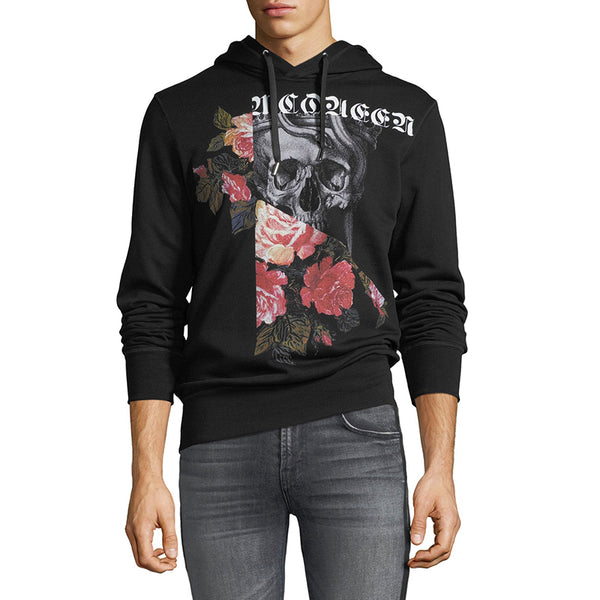 XS NEW $930 ALEXANDER MCQUEEN Men's Black Pieced SKULL ROSES Graphic HOODIE TOP