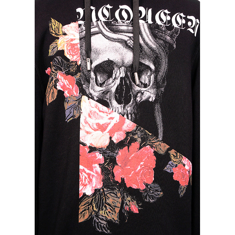 XS NEW $930 ALEXANDER MCQUEEN Men's Black Pieced SKULL ROSES Graphic HOODIE TOP