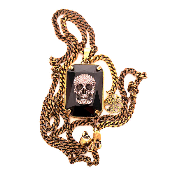 NEW $590 ALEXANDER MCQUEEN Gold Tone Brass SKULL LOGO SKULL CRYSTAL NECKLACE NIB