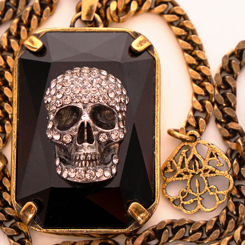 NEW $590 ALEXANDER MCQUEEN Gold Tone Brass SKULL LOGO SKULL CRYSTAL NECKLACE NIB