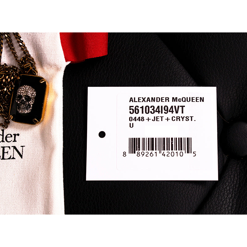 NEW $590 ALEXANDER MCQUEEN Gold Tone Brass SKULL LOGO SKULL CRYSTAL NECKLACE NIB