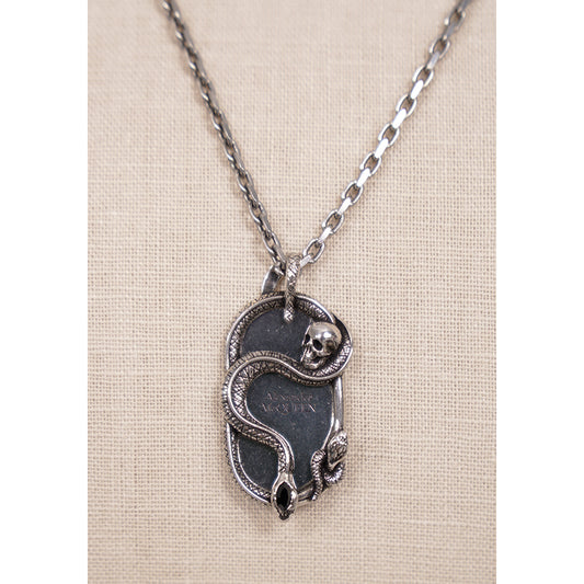 NEW $590 ALEXANDER MCQUEEN Dog Tag SNAKE & SKULL Silver Tone Brass NECKLACE NWT