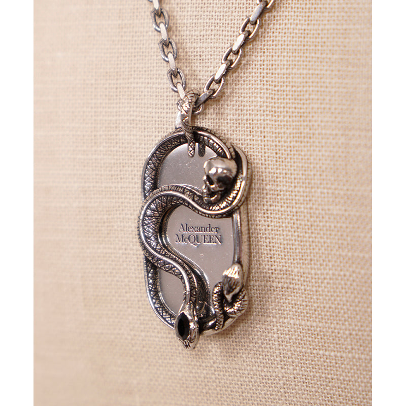 NEW $590 ALEXANDER MCQUEEN Dog Tag SNAKE & SKULL Silver Tone Brass NECKLACE NWT