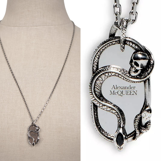 NEW $590 ALEXANDER MCQUEEN Dog Tag SNAKE & SKULL Silver Tone Brass NECKLACE NWT