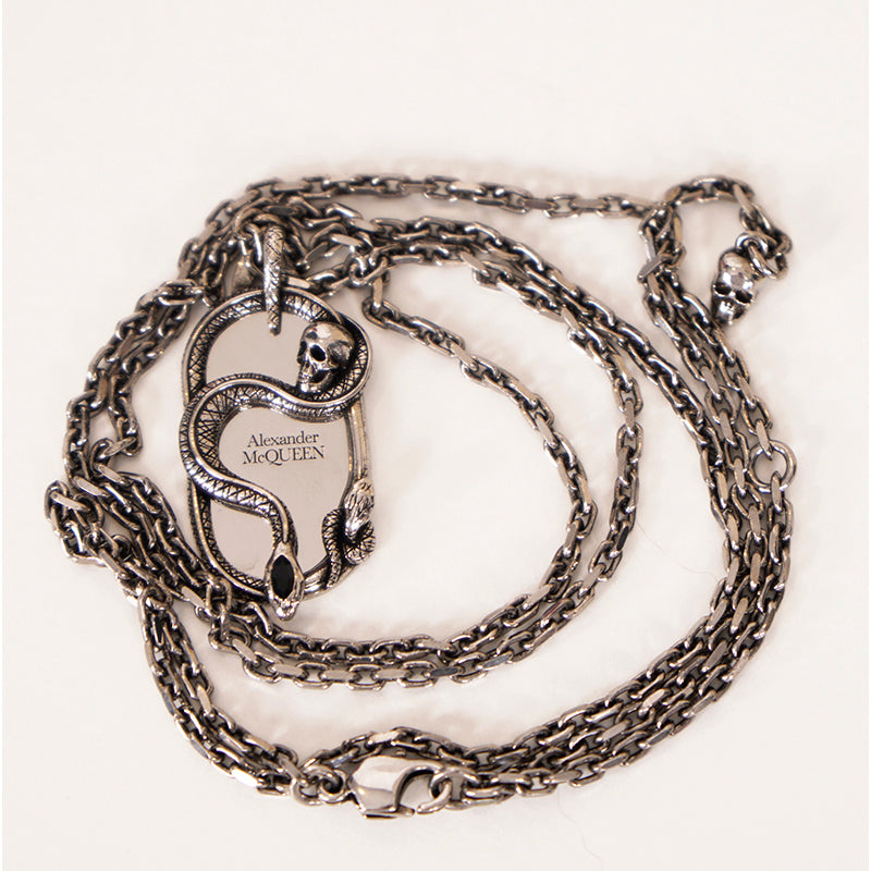 NEW $590 ALEXANDER MCQUEEN Dog Tag SNAKE & SKULL Silver Tone Brass NECKLACE NWT