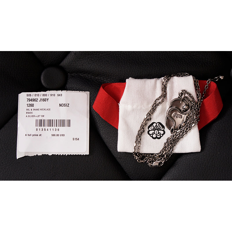 NEW $590 ALEXANDER MCQUEEN Dog Tag SNAKE & SKULL Silver Tone Brass NECKLACE NWT