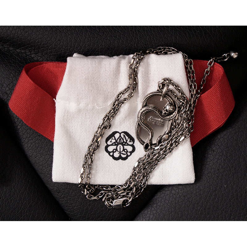 NEW $590 ALEXANDER MCQUEEN Dog Tag SNAKE & SKULL Silver Tone Brass NECKLACE NWT