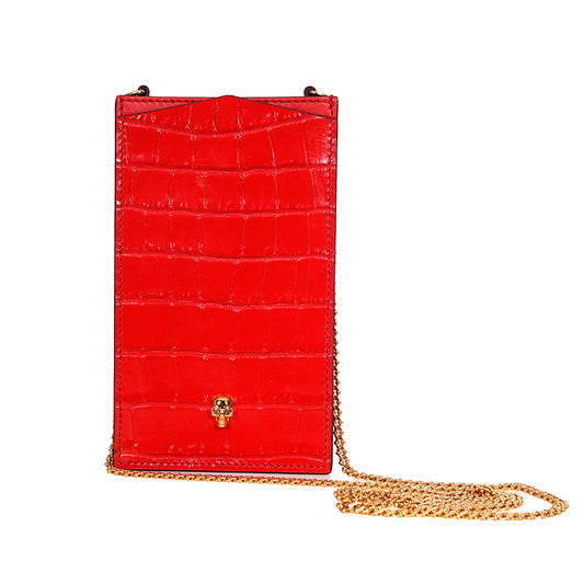 NEW $590 ALEXANDER MCQUEEN Red MINI SKULL Croc Embossed Leather PHONE CASE BAG