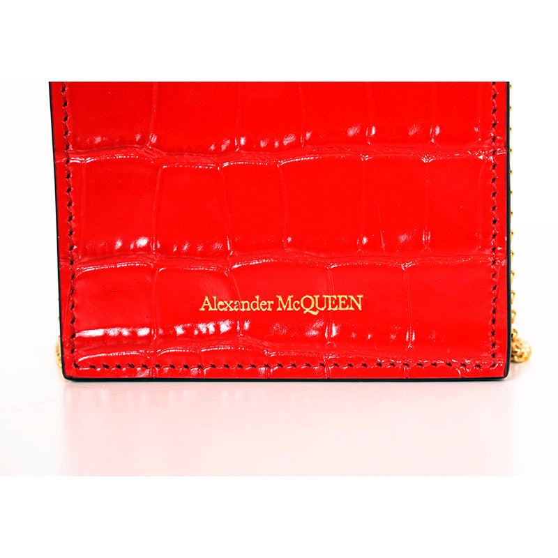 NEW $590 ALEXANDER MCQUEEN Red MINI SKULL Croc Embossed Leather PHONE CASE BAG